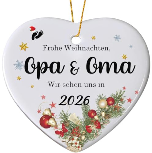 Weihnachtsanhänger Herz für Opa & Oma, 8 cm, Frohe Weihnachten 2026, Weiß mit Weihnachtsdekoration