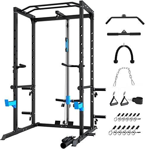 WINNOW Squat rack Altezza regolabile Power Cage con Pull Up Bar, Multi-Funzione Home Gym Power Tower Allenamento di Forza Squat stand Barbell Rack (Gabbia di potenza con sistema a carrucola)