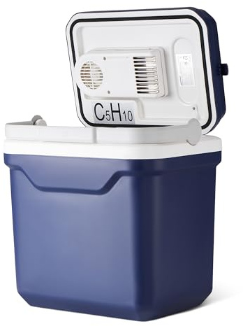 Amazon Basics - Frigorifero Portatile Elettrico, Frigorifero con Funzione Raffreddamento e Riscaldamento, 12 VCC/230 VCA per Veicolo/Uso Domestico, 24 Litri, Blu