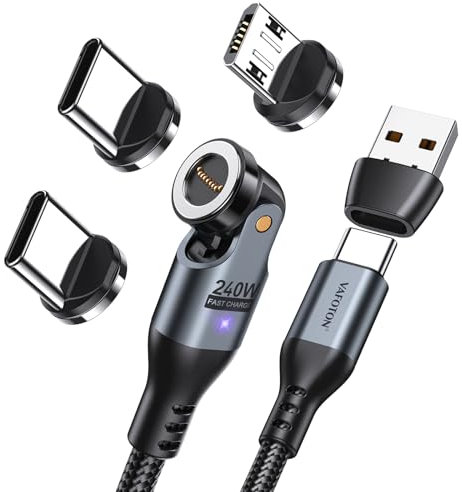 VAFOTON Câble de Charge Magnétique USB C 240W 9PIN, Câble de Charge Magnétique Rapide 540° 48V/5A 1.8M, Câble de Charge Magnétique 3 en 1 USB C/A pour Type C/Micro USB/i-Products 15/16 / MBook Pro