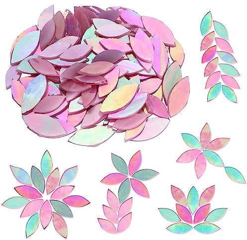 Filhome 100pcs Petal Mosaic Tiles, Hand-Cut Stained Glass Flower Leaves Tiles for DIY Art Craft Home Decoration(Iridescent Pink)