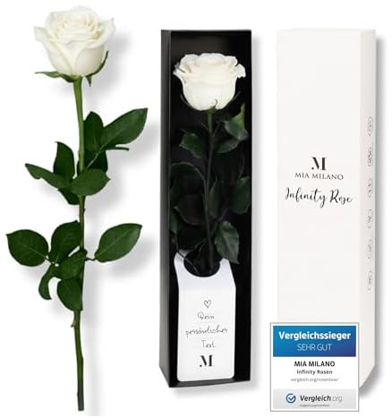 Mia Milano Infinity Rose Weiss am Stiel (5 Jahre haltbar) in Geschenkbox | Deko Geschenk für Sie | Eine konservierte Blume mit Rosenduft | Inkl. Geschenkkarte