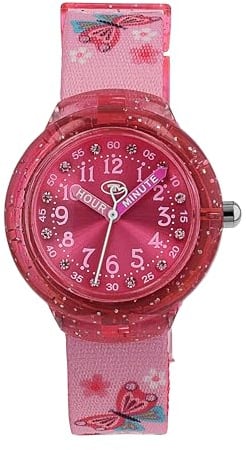Tom Tailor Armbanduhr mit Textilband für Mädchen, mit Kristall, pink, wasserdichte 3 bar, Schmetterling, Geschenkidee, kommt in Uhren Geschenkbox, 2100709