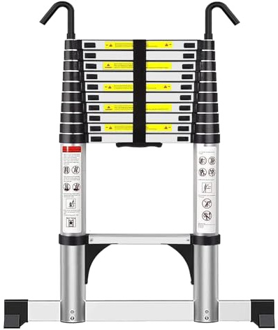 Telescoping Ladder 3.2M Aluminium Loft Ladder, Ladders Extendable | Max Load 150kg/330lb, Portable Folding Ladder with Stabilizer Bar, Detachable Hooks and Non-Slip Feet for Roof Attic Caravans
