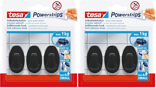 Tesa Powerstrips Crochets Adhésifs Ovale - 3 x Crochets Muraux Autocollants - Accessoire Salle de Bain et Porte-serviette - Fixation Sans Percer - Force de Maintien de 1 kg - Noir (Lot de 2)