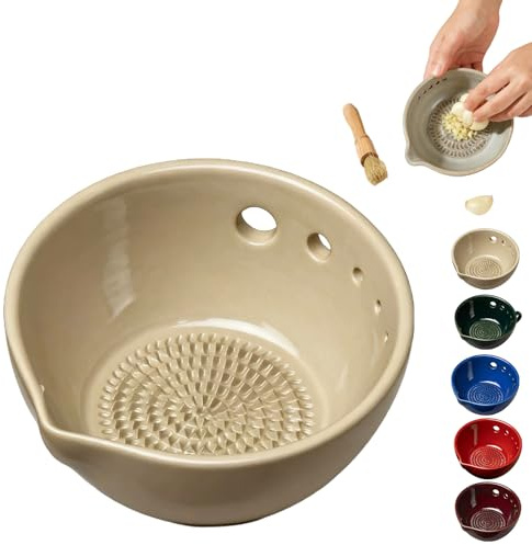 Handmade Garlic Grater X Herb Bowl, 2-in-1 Fresh Herb Stripper Bowl Ceramic with Built-in Grater and Herbs Stripper, Rasca Ajos Plate for Ginger, Garlic, Cheese Stem Remover (Beige)