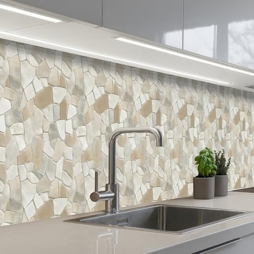 KitchenYeah© Küchenrückwand Selbstklebende Kitchen Wall Protector Küchen | 60x400 cm - Rückenwand Küchenfronten Küchenrückwände Küche Wand Mosaik - Steine - Beige