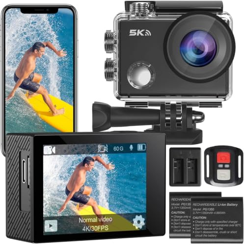 Yonvim Action Cam, 5K30FPS 30MP Action Cam 40M Unterwasserkamera wasserdichte WiFi 170° Ultra-Weitwinkel EIS Action-Kamera 5X Zoom mit Fernbedienung und 2X 1350mAh Akkus(Black, SP10v19)
