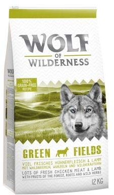 Wolf of Wilderness Adult Green Fields - Lamm, Premium Trockenfutter 100% Getreide- und Glutenfrei Angereichert mit Waldfrüchten, Wildkräutern und Wurzeln 2 x 12 kg