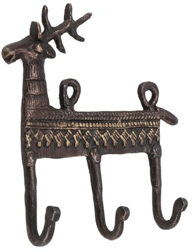 GURU SHOP Filigran Verzierter 3`er Messing Wandhaken, Wandgarderobe, Schlüsselhalter mit Gravur - Hirsch/Antikbraun, 13x13x3 cm
