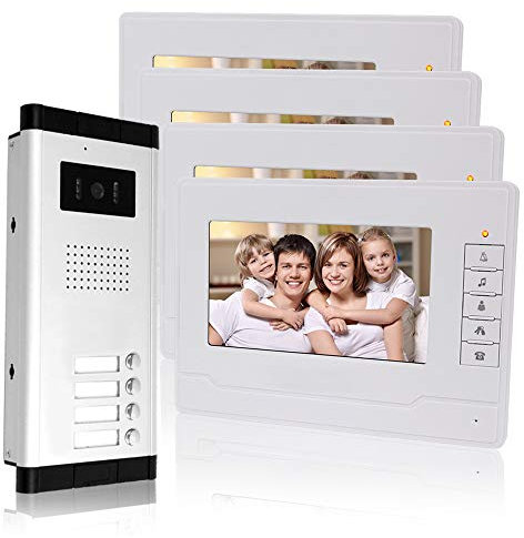 KDL Filaire Système téléphonique de porte sonnette vidéo de 7 pouces 4 moniteurs avec 1 caméra extérieure avec quatre boutons d'appel, Vision nocturne IR, Audio pour appartements multiples/Familles