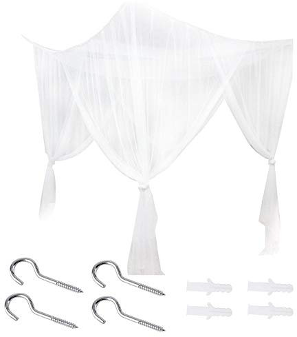 Shanrya Moustiquaire pour Lits Simples et Doubles, 4 Corner Couvercle en Moustiquaire Lit Grand Moustiquaire Filet Post Bed Canopy Net Full Queen King Size Bedding(Blanc)