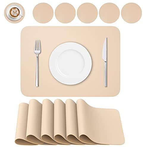 BANNIO 6er Set Tischsets abwaschbar,Abwischbar Lederoptik Platzset und Untersetzer,Wasserdicht PVC Platzdeckchen Tischset für Hause Küche Restaurant und Hotel,41x31cm,Beige/Rosa