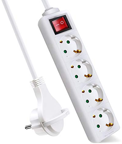 EXTRASTAR Steckdosenleiste 4-Fach, Flachstecker Mehrfachsteckdose mit Save Energy-Schalter, Flacher Stecker mit 5m Kabel, IP20, 16A, 3680W, Weiβ