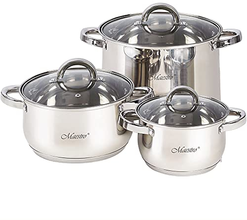 Maestro MR-2120-6L Kochtopf Set Edelstahl, 6-Teilig, Induktion, 3 Topfe, 3 Glasdeckel, Geeignet für alle Herdarten, Spülmaschinenfest