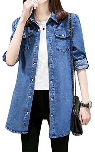 Jofemuho Womens Classic Long Jean Jacket Plus Size Loose Long Sleeve Button Down Denim Jacket Trench Coat, Dark Blue, 4XL
