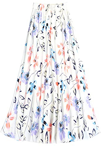 Coolwife Womens High Waist Skirts Midi Swing Pockets Elastic Waist A Line Boho Floral Print Skirt (Lily White)