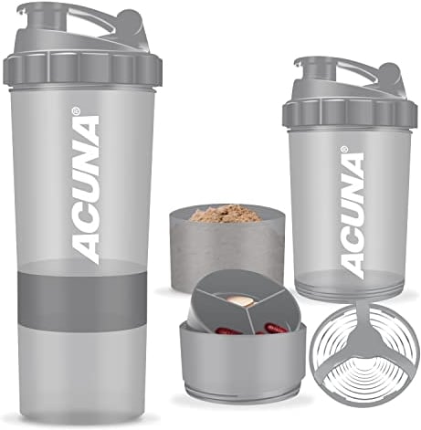 ACUNA Protein Shaker Bottle 600ml- 3 Layered Twist Off Cups For Pill & Supplement Storage - Steel Mixing Ball For Lump Free Smooth Shake- Easy To Clean Gym & Sports Shaker Bottle (Grey)