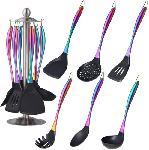 QOBIMOON Silikon-Kochutensilien-Set, 6-teiliges Silikon-Kochutensilien-Set, antihaftbeschichtet, Küchenutensilien, Titan, Edelstahl-Griff mit Utensilienhalter, Spatel-Set zum Kochen, Regenbogenfarben