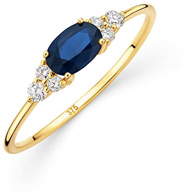 OROVI Damen Goldschmuck, Gold Ring, Saphir und 6 Diamanten 0.12 ct, Verlobungsring, Edelsteine, Geburtsstein, 9 Karat (375) Gelbgold
