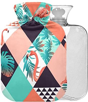 Tropische Palmblätter Flamingo Wärmflasche mit Bezug, 1 l, kleiner Wärmbeutel zur Schmerzlinderung, Krämpfe, BPA-frei