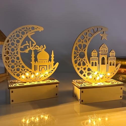 FUFRE Ramadan, 2 lanterne decorative Ramadan, decorazione Crescent luna stelle luci musulmane Islam Eid Ramadan Festival decorazioni mezzaluna, luce notturna per feste, casa e come regalo (A) (D)