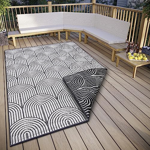 Hanse Home Pangli Outdoor Teppich Wetterfest – Wendeteppich Skandinavischer Boho Style Wasserfest Einfarbig Geometrisch 3D-Effekt für Garten, Balkon, Terrasse, Wohnzimmer – Schwarz, 120x170cm