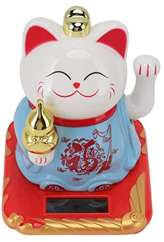 Cyrank Glückskatzen-Ornament, Winkekatze, Solarbetriebene Winkekatze, Glücksbringer-Sammelfiguren, Willkommenskatze, Chinesische Willkommenskatzen-Ornament Für Zuhause, Auto(Blau)