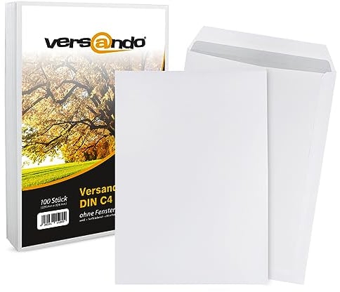 versando 100x C4 Versandtaschen ohne Fenster Briefumschläge weiß selbstklebend passend für DIN A4