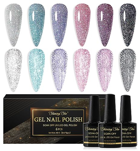 Shining She Smalto Semipermanente,6 Colori Smalto Semipermanente Unghie Glitter Rosa Argentato Verde Viola Nero,Smalti Gel per Unghie Soak Off UV LED,Manicure Arte Nail DIY a Casa,8ML