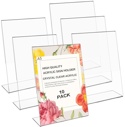 CCCYMM 10 Pcs A5 Acrylic Sign Holder Clear Picture Frame Photo Sign Slanted Back Brochure Display Stand Transparent Flyer Holder for Office Desktop Restaurant, 6 x 8 Inch (Vertical)
