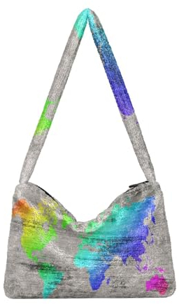 Flauschige Tragetasche aus Kunstfell, Vintage-Stil, Mapgrunge-Fell, Handtasche mit Reißverschluss, weicher Plüsch, Umhängetasche, flauschige Tasche für Damen und Mädchen, A387, Large