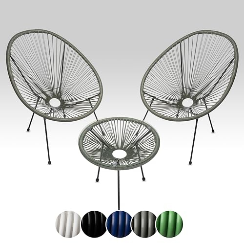 sunnypillow 2er Set Acapulco Gartenstühle mit Tisch - Loungesessel für Wohnzimmer, Terrasse, Garten, Balkon Sessel Stuhl - Korbsessel Gartensessel im Retro Design - Outdoor/Indoor - Grau