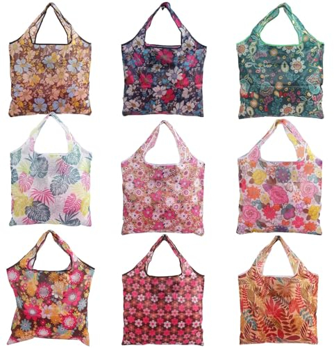 EOGRFW 9 Stück faltbare, wiederverwendbare große Einkaufstasche für Einkauf und Reise, trагbare, wasserdichte Beutel (Blumendruck)