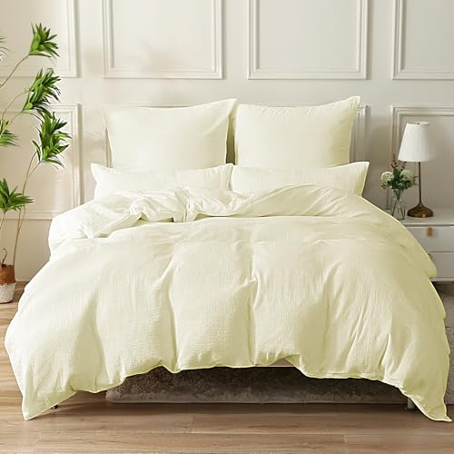 SOULFUL Doppelte Muslin Bettwäsche 135x200 Baumwolle, Bettwäsche-Sets 1er Set Bettbezug mit 1 Kissenbezüge 80x80 cm, ÖKO-TEX Bettwäsche Cremegelb mit Reißverschluss