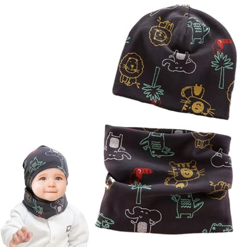 Norhogo Baby Kinder Baumwolle Mütze Schal Set, Wintermütze für Jungen Mädchen Baumwolle, Beanie Hüte + Schlauchschal, Baby Schals Winter Loop Schal Junge Und Mädchen L, Grauer und Blauer Löwenbaum