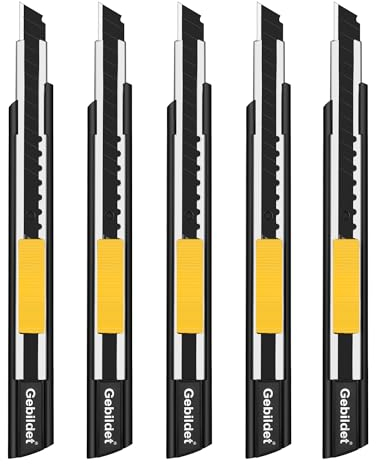 Gebildet 5Stück Selbstsichernde Cuttermesser für Rechts- und Linkshänder/Schwarze 9mm Abbrechklingen/60° Blace-Messer/Allzweckmesser/Grafikmesser (schwarzer Halter)