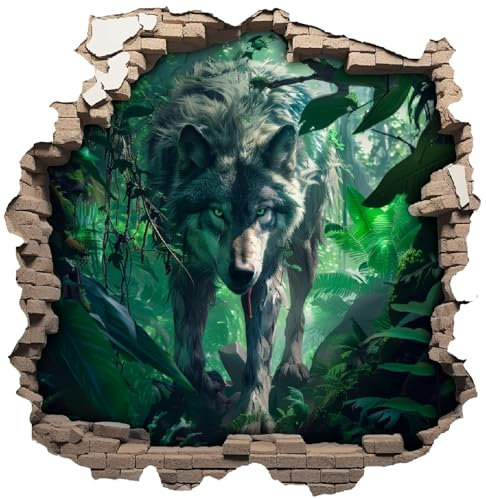Samunshi® Wandaufkleber Wandriss mit Wolf in Wald Wandsticker Fenster in andere Welt Portal für Kinderzimmer Aufkleber Küche Wallart 50x50cm