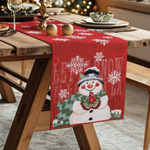 Tischläufer Weihnachten 35x180cm,Weihnachten Tischläufer Küche Tischdekorationen,Weihnachtsfeier Dekorationen-Schneemann & Schneeflocke