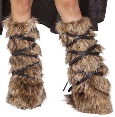 Faux Fur Long Leg Warmers and Fluffy Sleeves Set for Women, Soft Boot Shoes Cuffs Cover, Warm Furry Costume Leg Socks, Carnival Cosplay Christmas, Halloween Costume Accessories (Brown leg warmers)