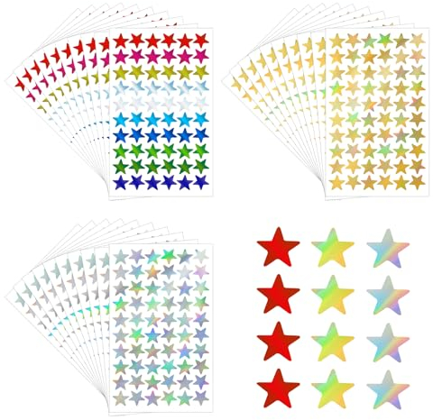 Piriuuo 1800 Stück/30 Blatt Sterne Aufkleber, Glitzer Stern Sticker Gold Silber Bunte Laser Sterne Aufkleber Kinder Belohnungsaufkleber Selbstklebende Aufkleber für Scrapbooking Dekoration DIY-Basteln