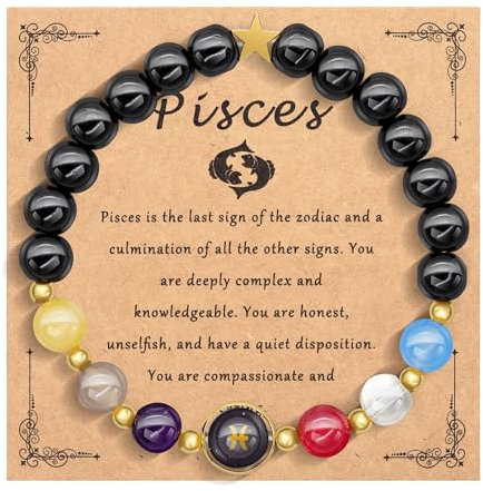 HMOOY Sternzeichen Naturstein-Armband für Männer Frauen, 12 Konstellation echte 8mm große Natursteinperlen und Kristall Himmels Astrologie Schmuck Aufmunternde Motivationsgeschenke (Fische)