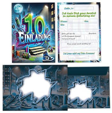 Limonia 12 Einladungskarten inkl. 12 Umschläge zum 10. Kindergeburtstag Graffiti Street Art Einladung Set Geburtstag Mädchen Kinder Jungs Jungen Boys Teenies
