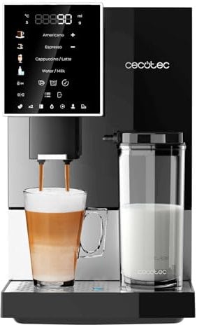 Cecotec Cafetera Superautomática Cremmaet Compactccino Black Silver, 19 Bares, Sistema Thermoblock, Grano recién molido con Plug&Play, Depósito 150gr café con molinillo, 1,1 L agua, 400ml leche