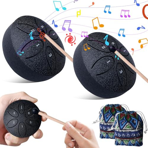 GOEDCH 2 Pack Mini Steel Tongue Drum: 3 Zoll Stahlzungen 6 Töne Zungentrommel mit Stofftasche, Musikbuch und Schlägeln, Regentrommel Stahlzungentrommel für Meditation Yoga Klangheilung