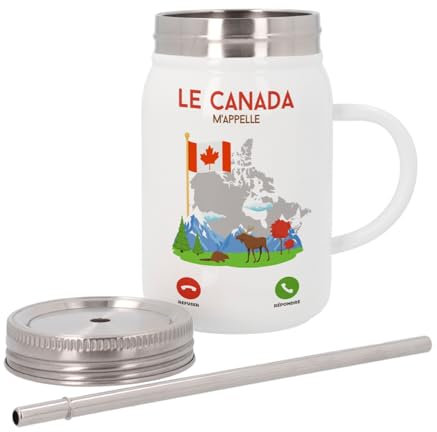 Mug Isotherme en Inox avec Couvercle et Paille - Le Canada M'Appelle Voyage Nature Tourisme - 500 ml - Tasse Thermo