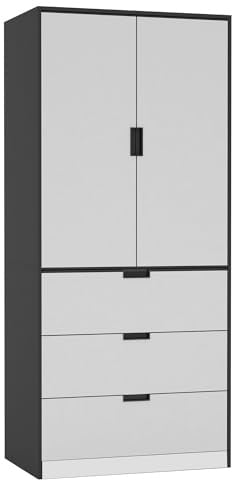 URBNLIVING 2 Door 3 Drawer Black White Oak Grey Modern Wardrobe Furniture with Clothes Hanging Rail Storage Shelf for Home Bedroom Organiser Unit H180cm x W80cm x D50cm