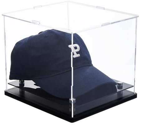 SUPERFINDINGS Acryl Baseballmütze Display Boxen Hut staubdichte Fälle Rechteckige klare Boxen für Display Hut Transparent Vitrinenhalter Stand mit schwarzem Sockel und 4 Stück Kunststoff Ringe