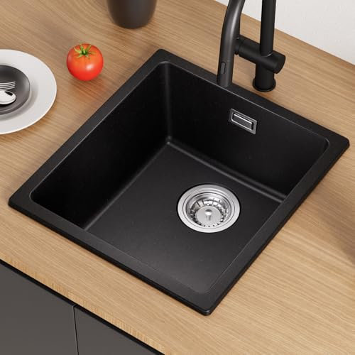 CECIPA Fregadero de cocina de granito negro, 40 x 44 x 20 cm, moderno fregadero, rectangular, sin orificio para grifo, 1 lavabo, fregadero de cocina pequeño, para cocina