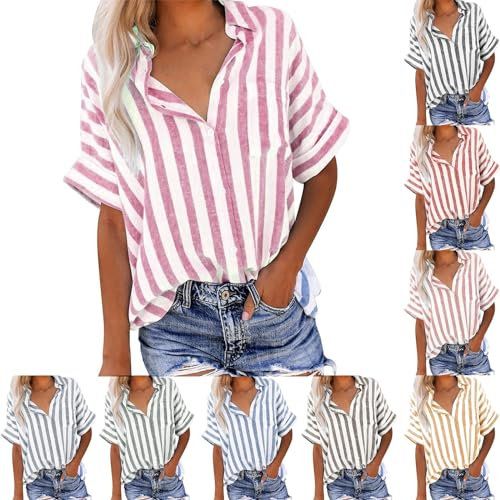 Camicetta a righe con bottoni per magliette e top sportivi da donna, camicia hawaiana, in cotone, camicia da donna, taglia grande, camicia da spiaggia, camicette casual top largo, rosa caldo, XXL